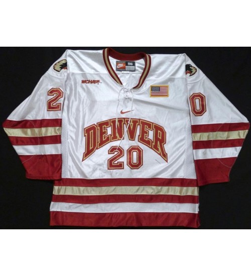 Custom NCAA 2004-05 Denver Pioneers 20 TJ Fast Hockey Jersey Home White